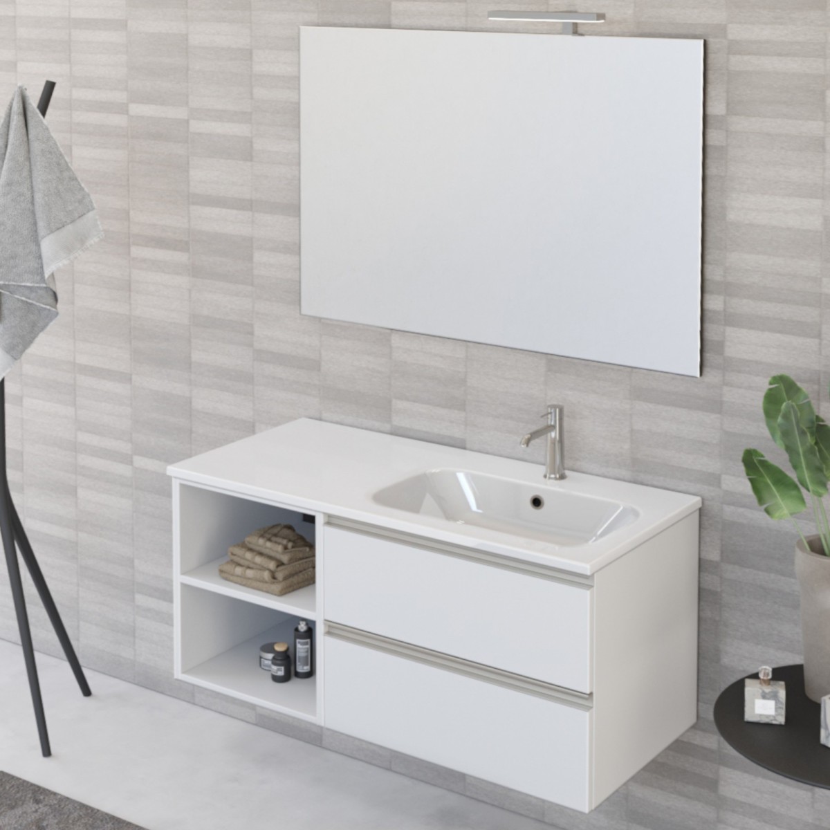 Mobile bagno sospeso 100cm con ripiano e specchio bianco opaco DUBON