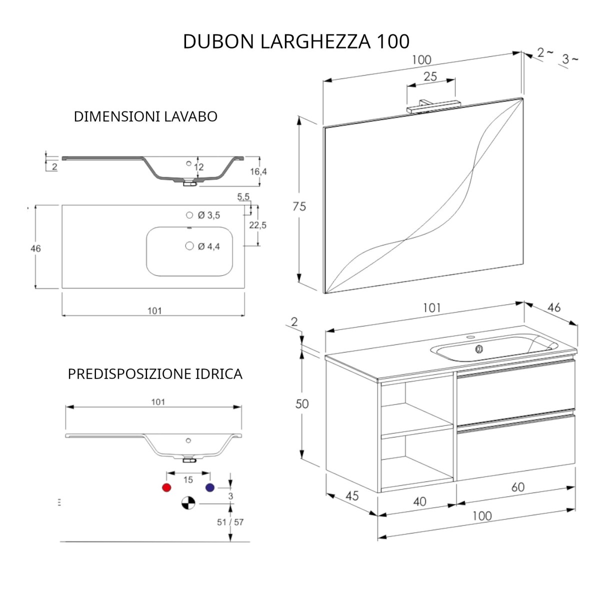 Mobile bagno sospeso 100cm con ripiano e specchio bianco opaco DUBON