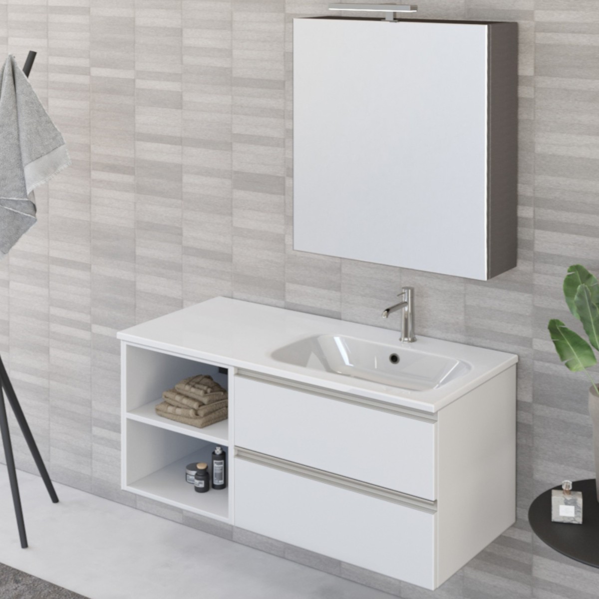 Meuble de salle de bain suspendu 100cm avec étagère et miroir DUBON blanc mat