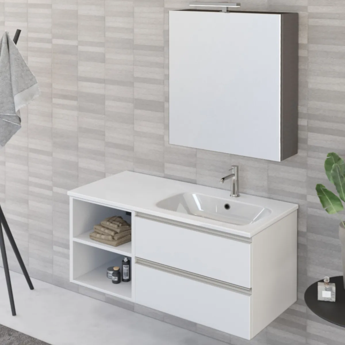Mobile bagno sospeso 100cm con ripiano e specchiera bianco opaco DUBON