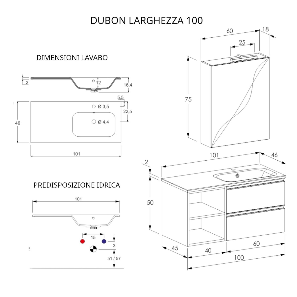 DUBON 100 cm hängender Badezimmerschrank mit Regal und Spiegel in Mattweiß