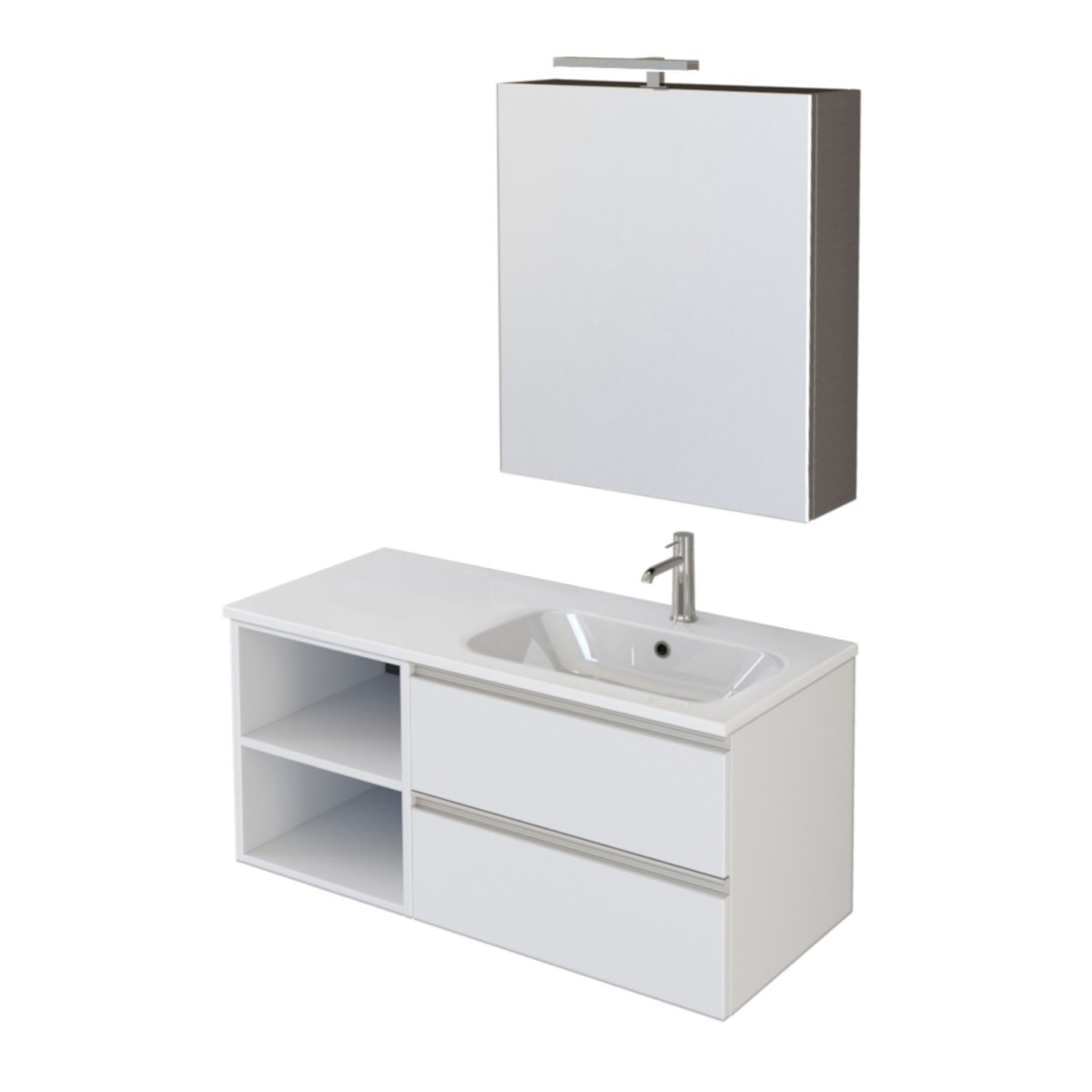 Meuble de salle de bain suspendu 100cm avec étagère et miroir DUBON blanc mat