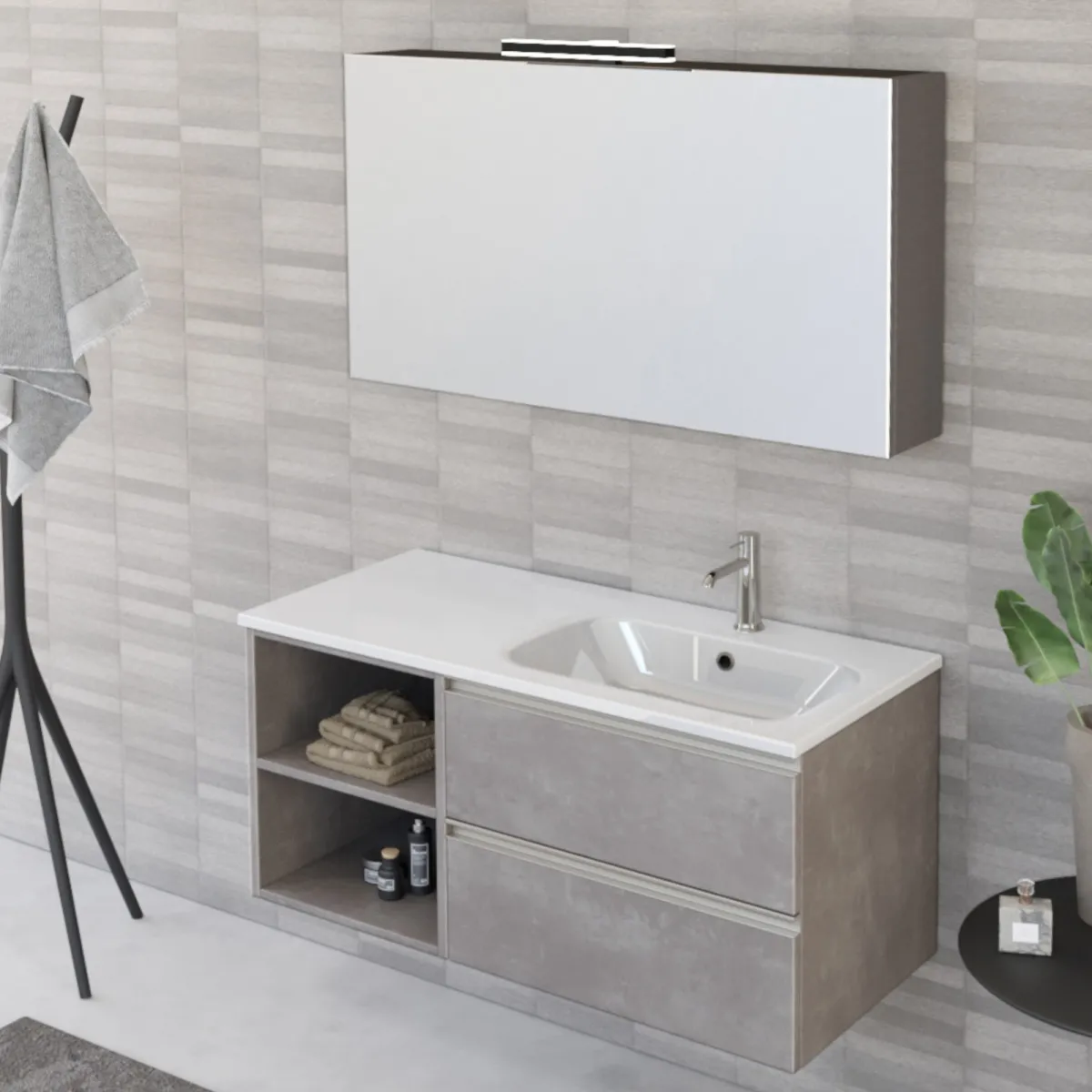 Mobile bagno sospeso 100cm con ripiano e specchiera grigio caldo DUBON