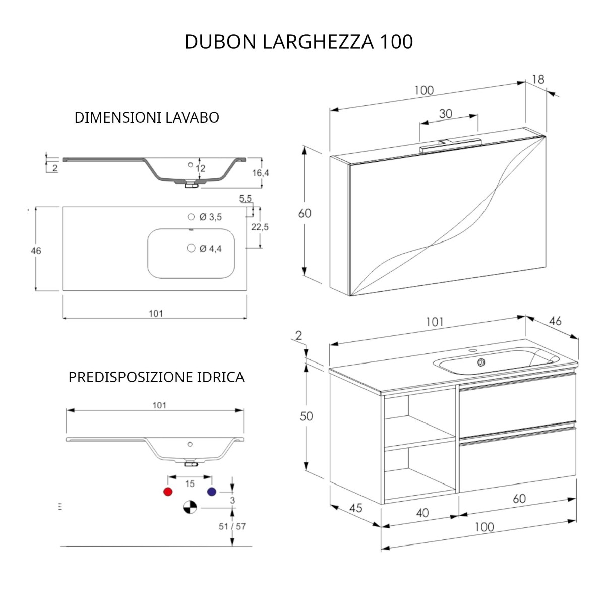 DUBON warmgrauer hängender Badezimmerschrank 100 cm mit Regal und Spiegel