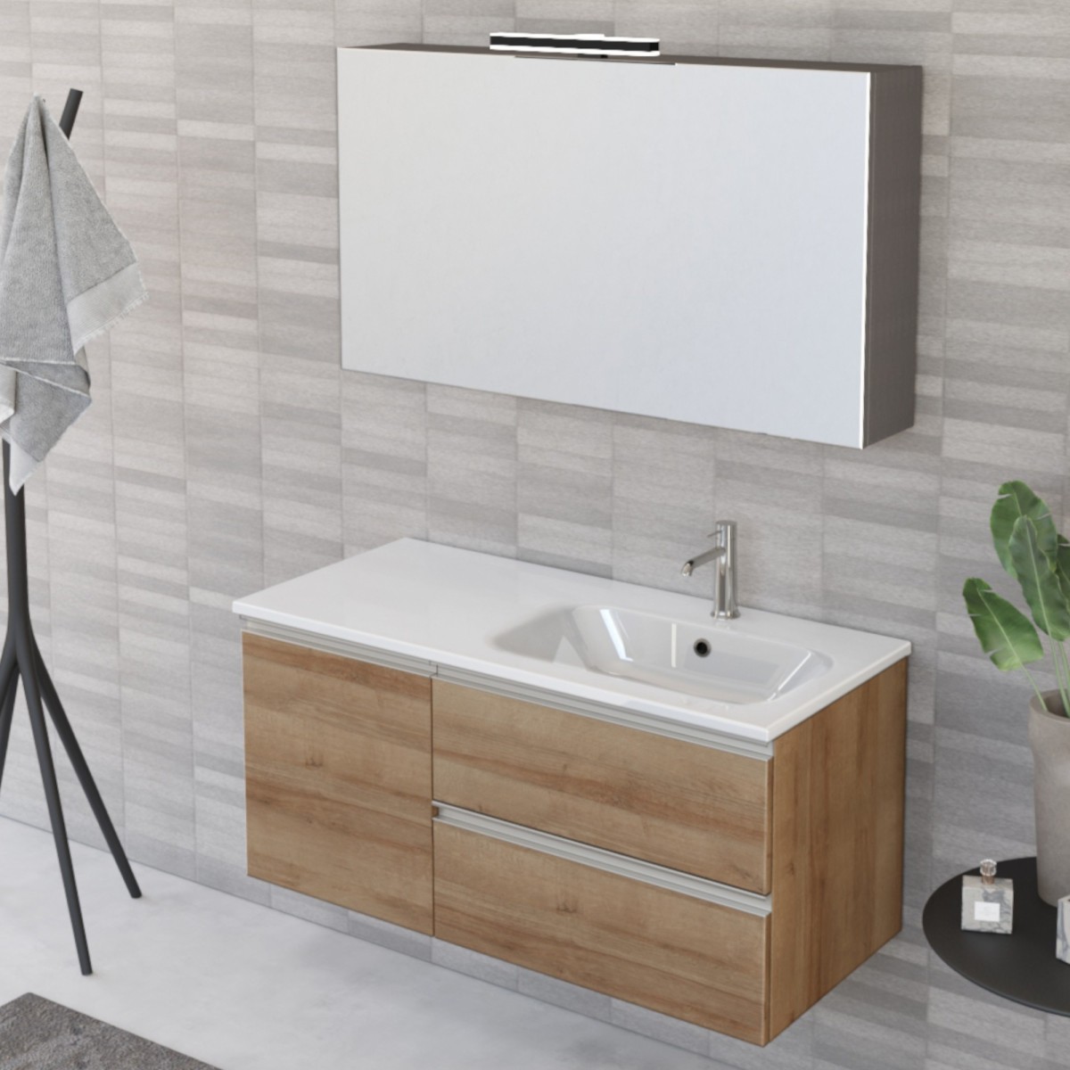 Mobile bagno sospeso 100cm con anta e specchiera rovere farnia DUBON