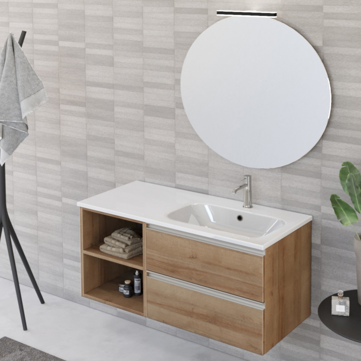 Mobile bagno sospeso 100cm con ripiano e specchio rovere farnia DUBON