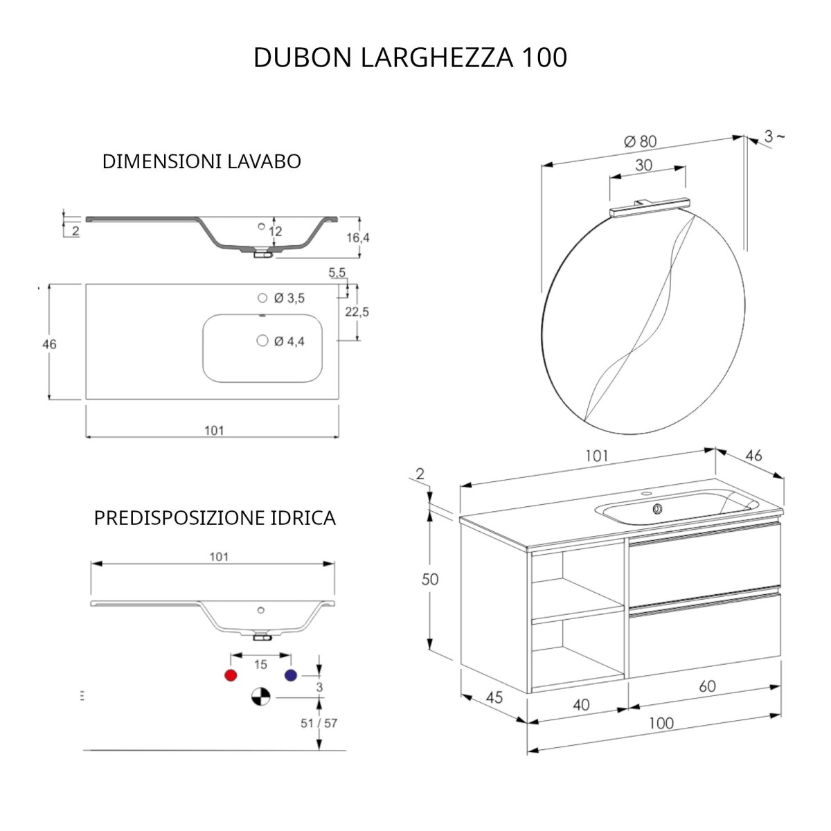 Mobile bagno sospeso 100cm con ripiano e specchio rovere farnia DUBON