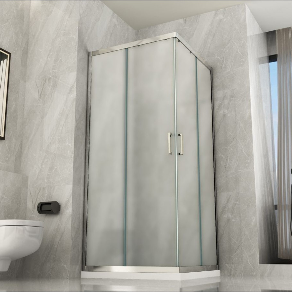 Paroi de douche double face 6 mm cristal MATT, profils d'ouverture angulaire et poignée plate MARY