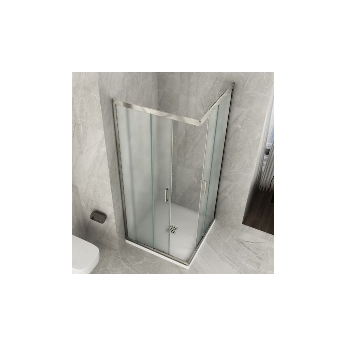 Paroi de douche double face 6 mm cristal MATT, profils d'ouverture angulaire et poignée plate MARY