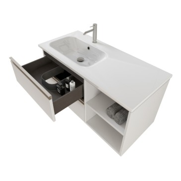 Meuble de salle de bain suspendu 100cm avec étagère et miroir DUBON blanc mat