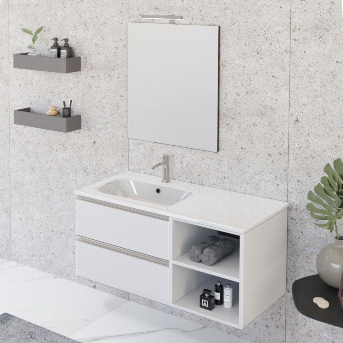 Mobile bagno sospeso 100cm con ripiano e specchio bianco opaco DUBON