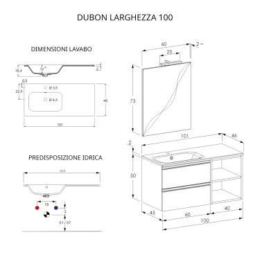 DUBON hängender Badezimmerschrank 100 cm mit Regal und mattweißem Spiegel