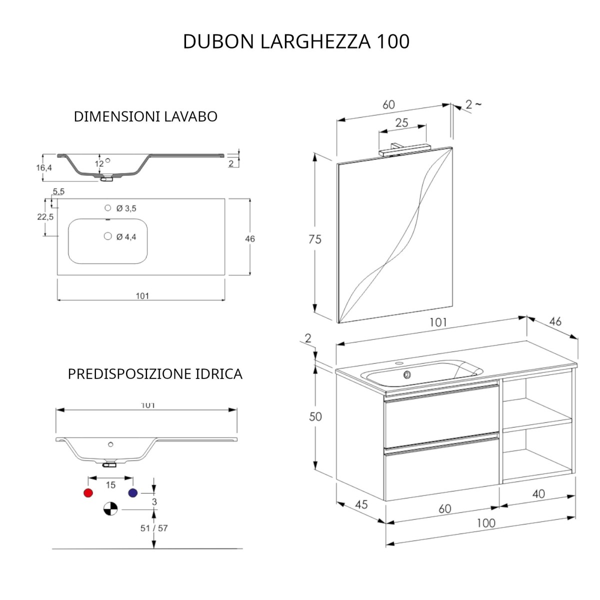 Mobile bagno sospeso 100cm con ripiano e specchio bianco opaco DUBON