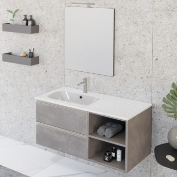 Meuble de salle de bain suspendu 100cm avec étagère et miroir DUBON gris chaud