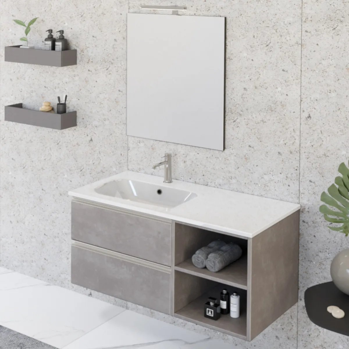 Mobile bagno sospeso 100cm con ripiano e specchio grigio caldo DUBON