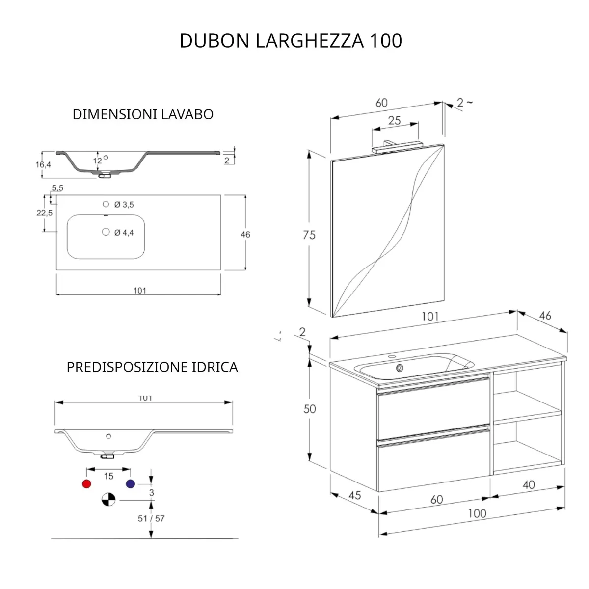 Mobile bagno sospeso 100cm con ripiano e specchio rovere farnia DUBON
