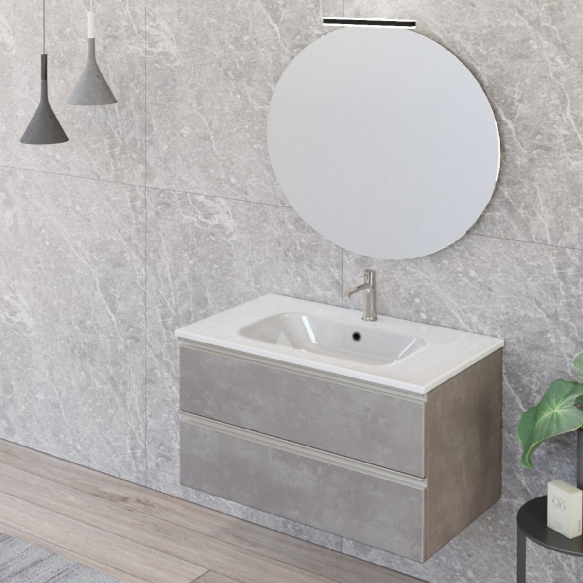 Meuble de salle de bain suspendu 80cm avec miroir en béton gris chaud DUBON