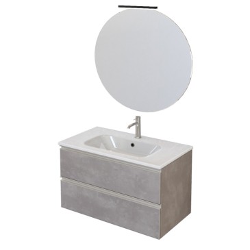 Meuble de salle de bain suspendu 80cm avec miroir en béton gris chaud DUBON