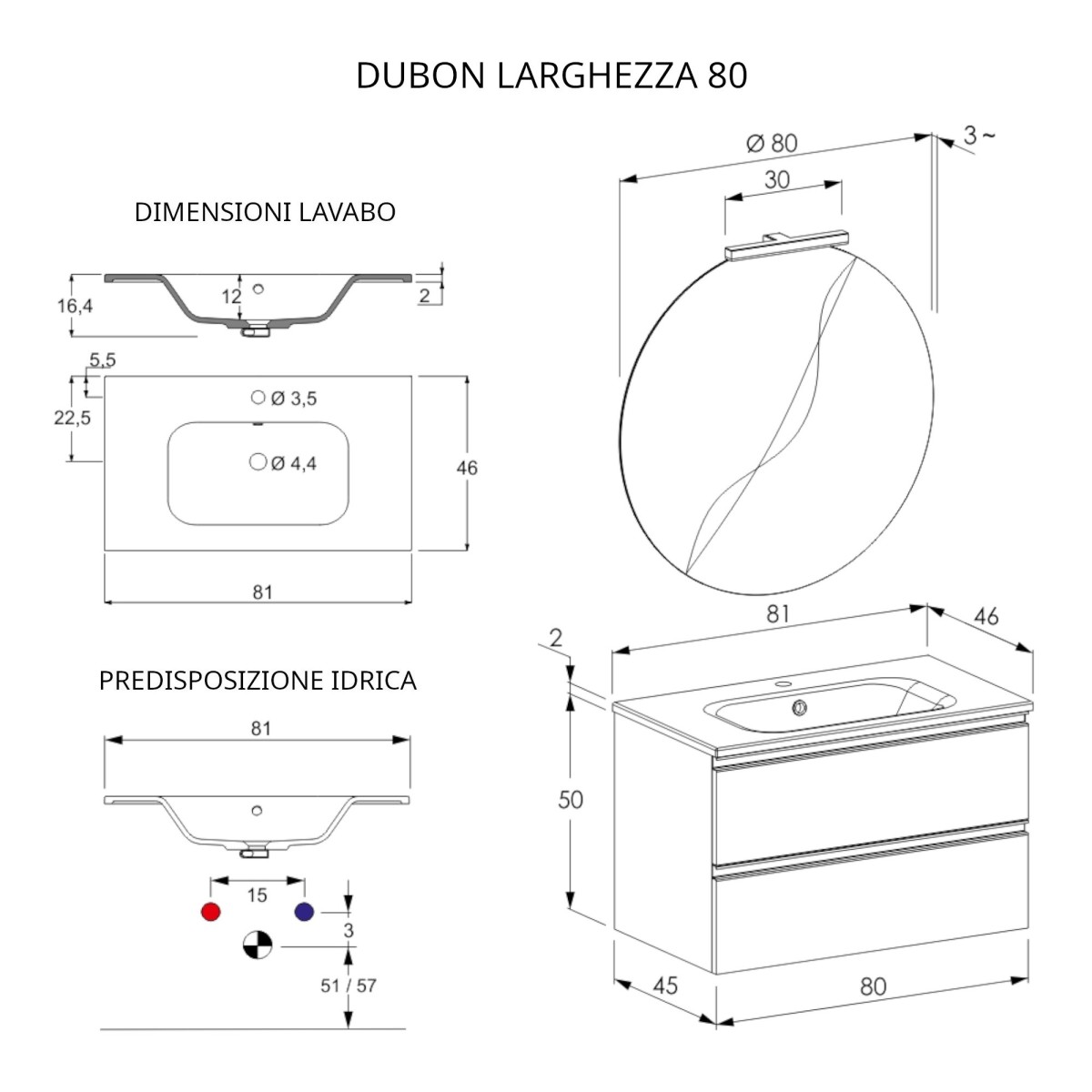 Mobile bagno sospeso 80cm con specchio rovere farnia DUBON