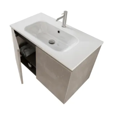 Meuble de salle de bain suspendu 80cm avec deux portes et miroir DUBON gris chaud