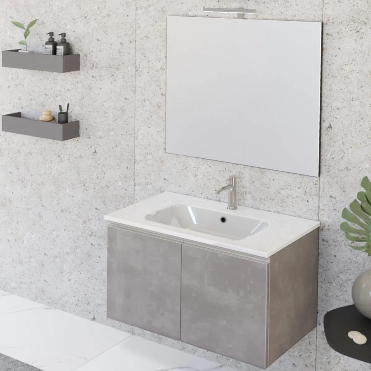 Mobile bagno sospeso 80cm con due ante e specchio grigio caldo DUBON