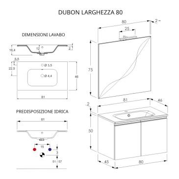 Meuble de salle de bain suspendu 80cm avec deux portes et miroir DUBON gris chaud