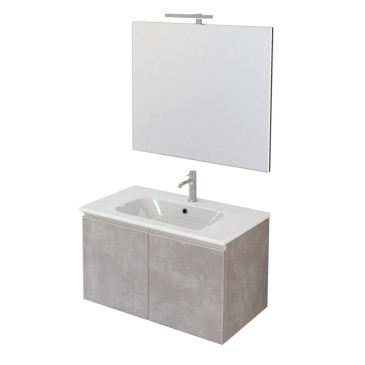 Meuble de salle de bain suspendu 80cm avec deux portes et miroir DUBON gris chaud