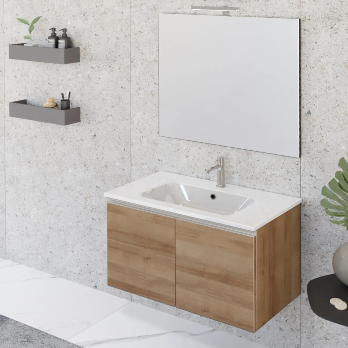 Meuble de salle de bain suspendu 80cm avec deux portes et miroir DUBON chêne