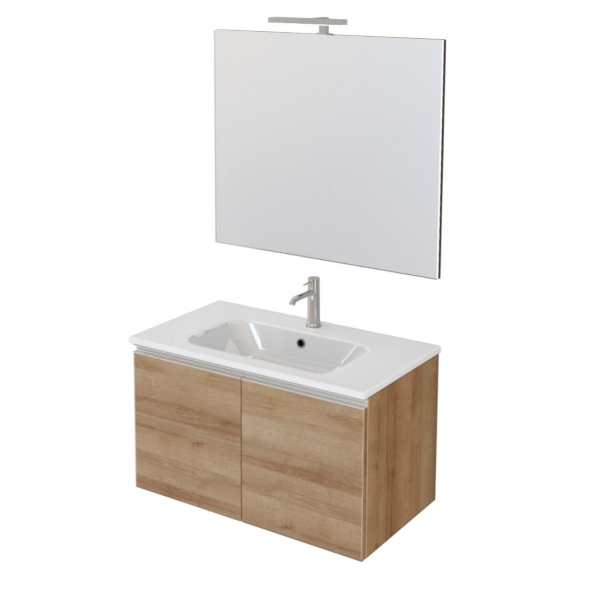 Meuble de salle de bain suspendu 80cm avec deux portes et miroir DUBON chêne