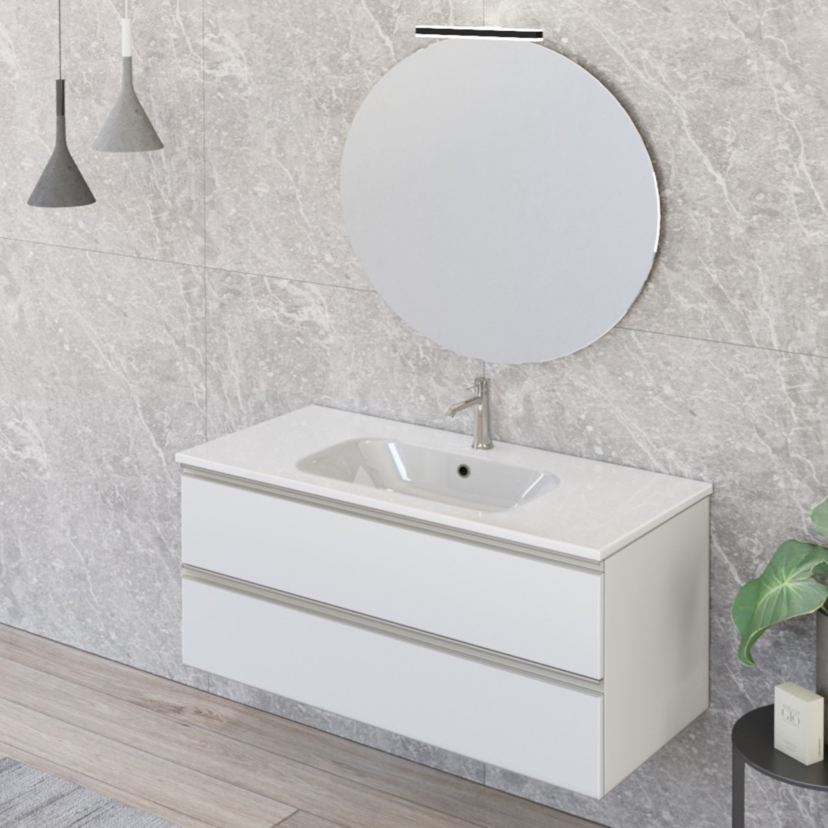 Mobile bagno sospeso 100cm due cassetti e specchio bianco opaco DUBON