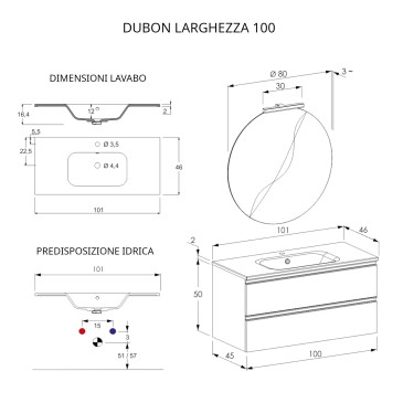 Mobile bagno sospeso 100cm due cassetti e specchio bianco opaco DUBON