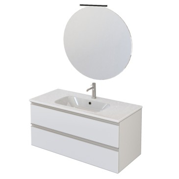 Hängender Badezimmerschrank 100 cm mit zwei Schubladen und mattweißem DUBON-Spiegel