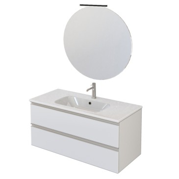 Mobile bagno sospeso 100cm due cassetti e specchio bianco opaco DUBON