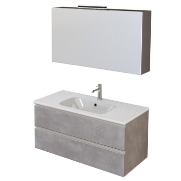 Meuble de salle de bain suspendu 100cm 2 tiroirs et miroir DUBON gris chaud