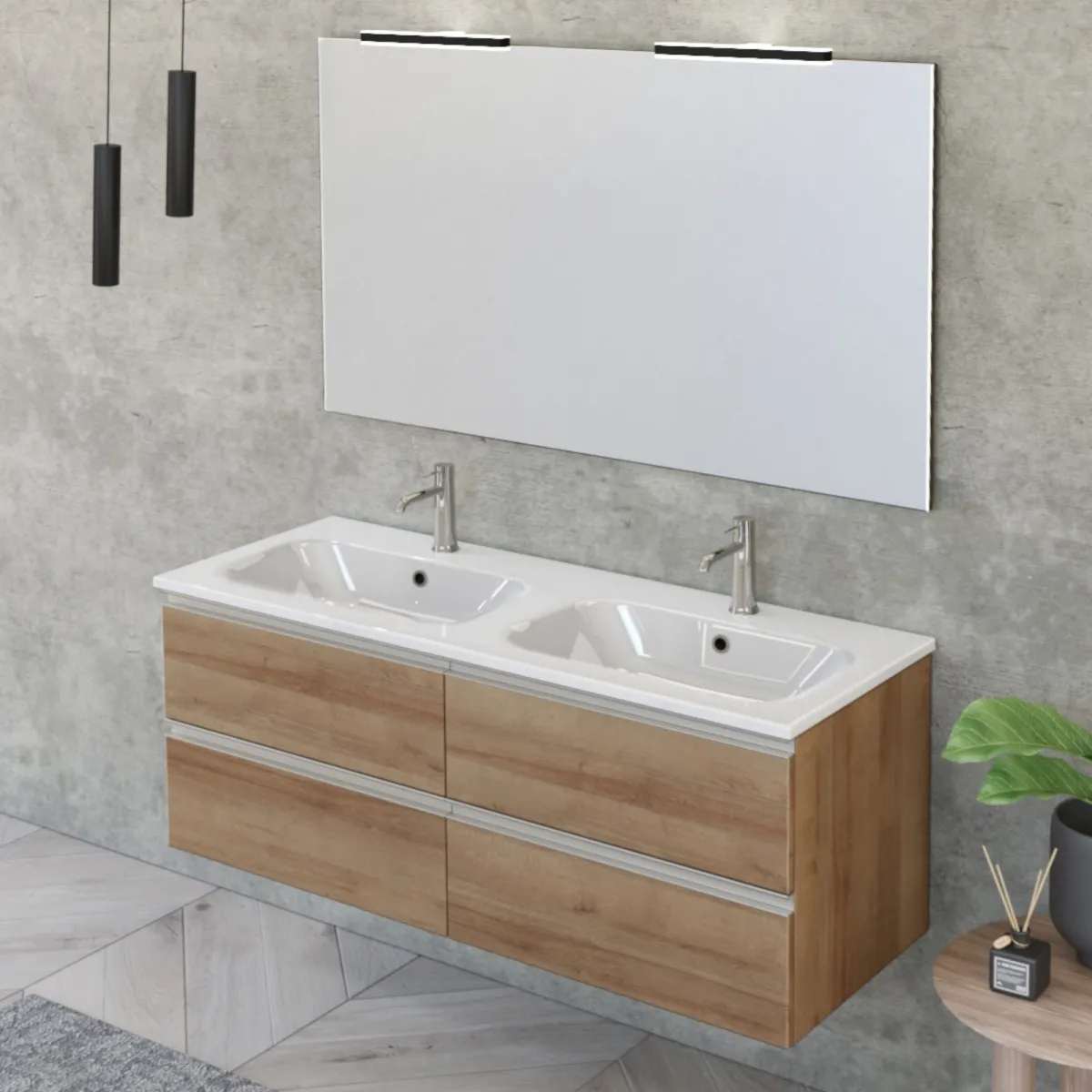 Meuble de salle de bain suspendu 120cm avec miroir DUBON chêne