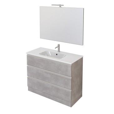Meuble de salle de bain sur pied 100cm avec miroir béton gris chaud DUBON