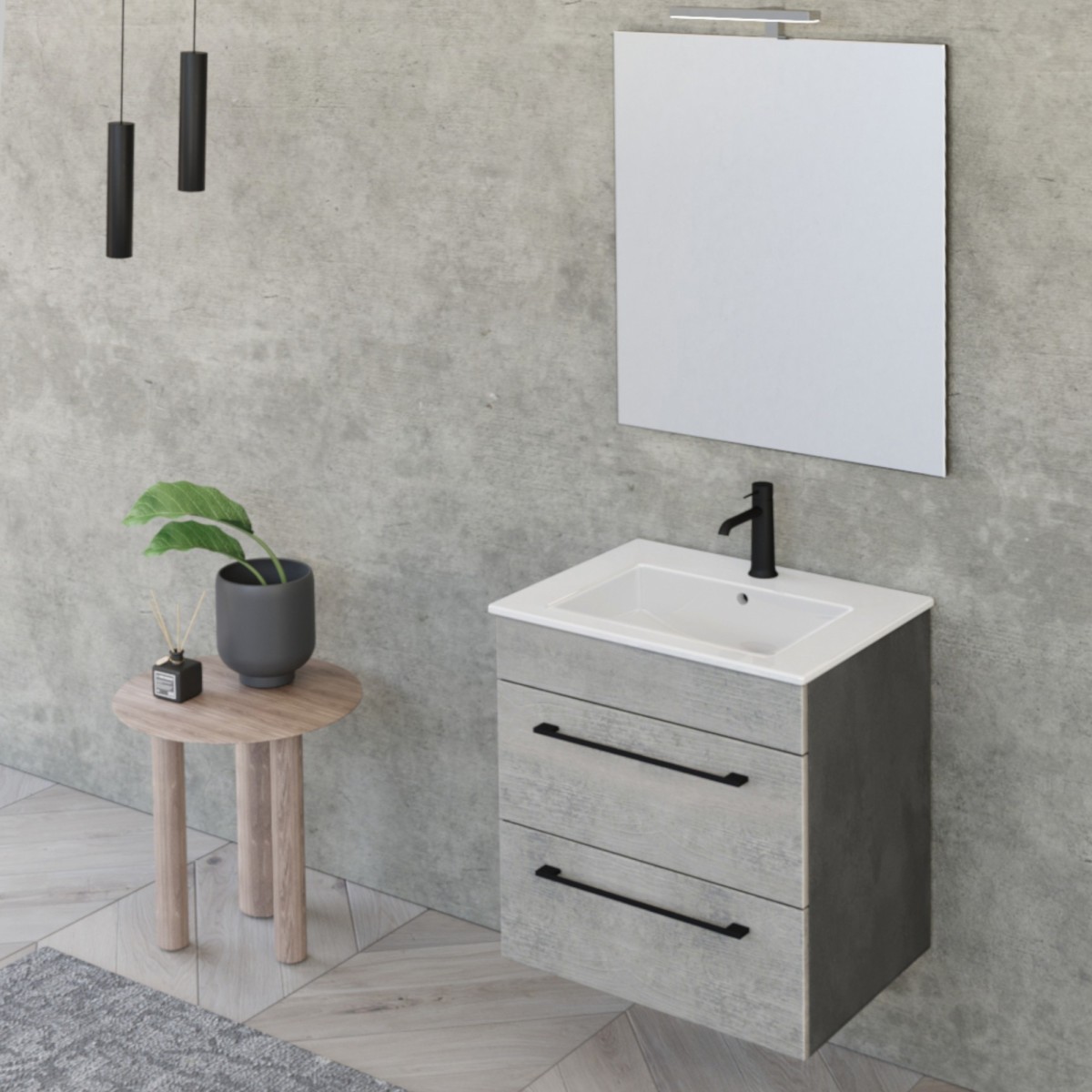 Hängender Badezimmerschrank 55 cm mit Spiegel, Beton, Holz und FACILE Lava