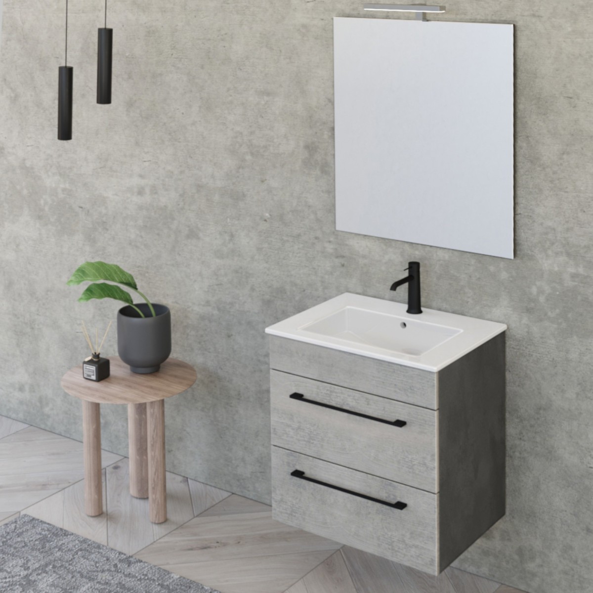 Meuble de salle de bain suspendu 55cm avec miroir béton, bois et lave EASY