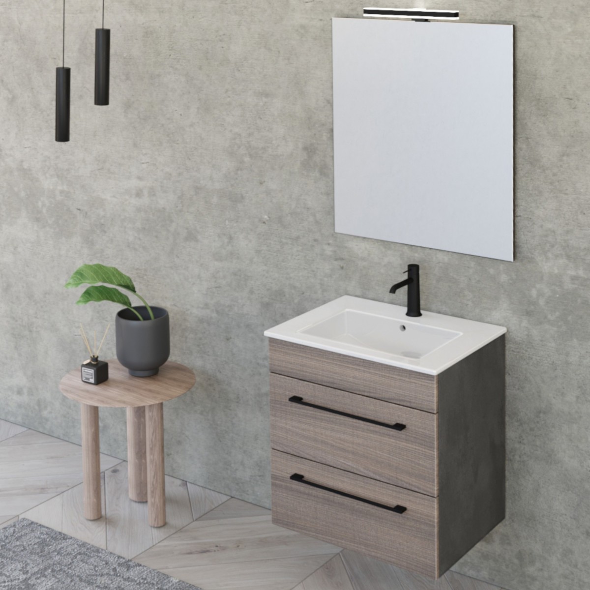 Mobile bagno sospeso 55cm con specchio olmo e lava FACILE