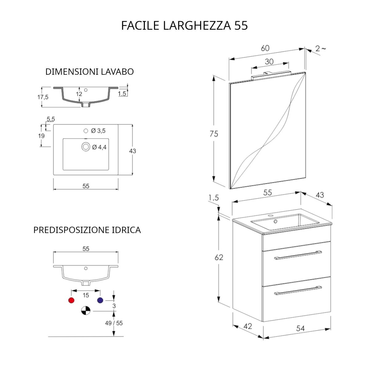 Mobile bagno sospeso 55cm con specchio olmo e lava FACILE