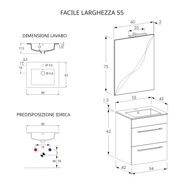 Mobile bagno sospeso 55cm con specchio olmo bianco FACILE