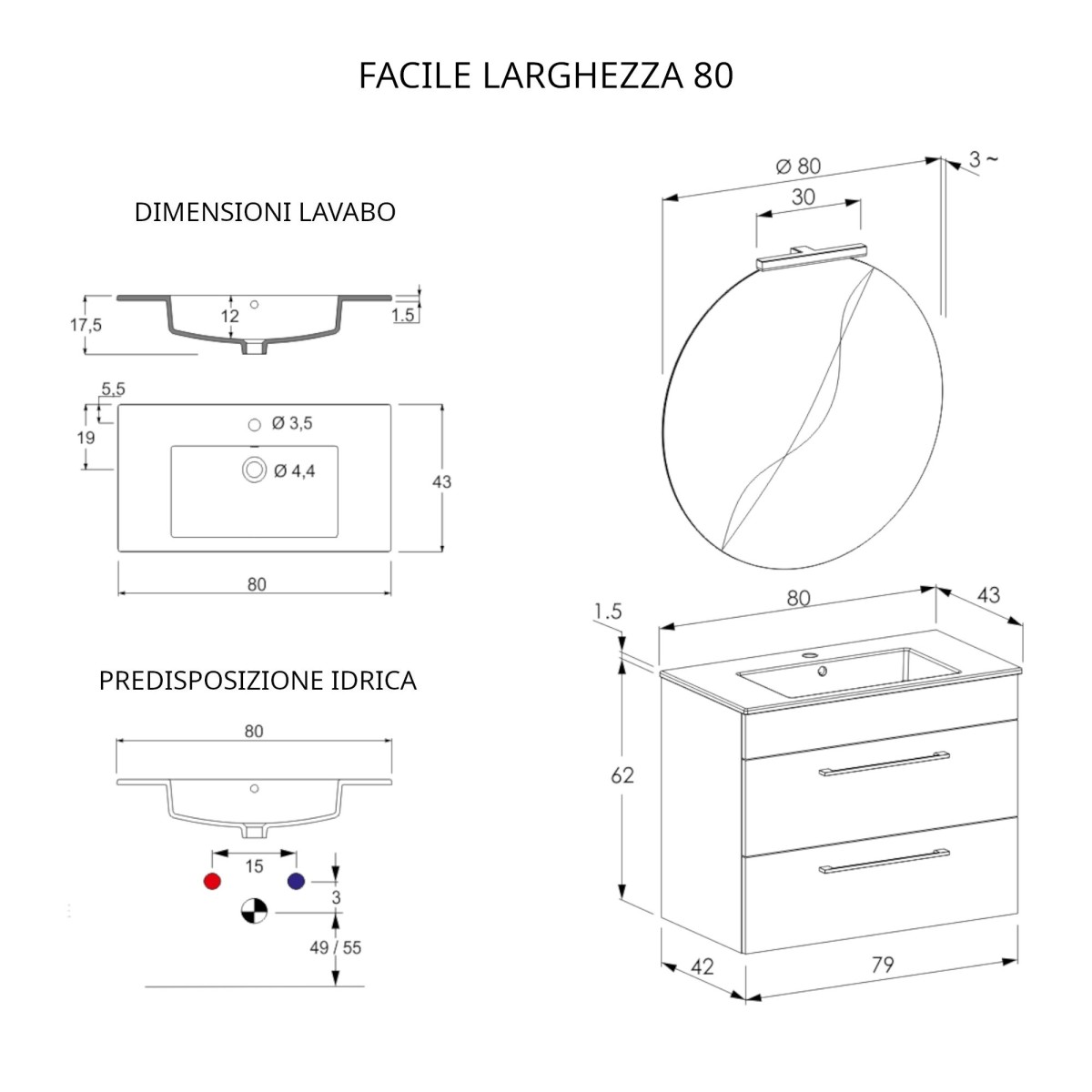 Mobile bagno sospeso 80cm con specchio cemento legno FACILE