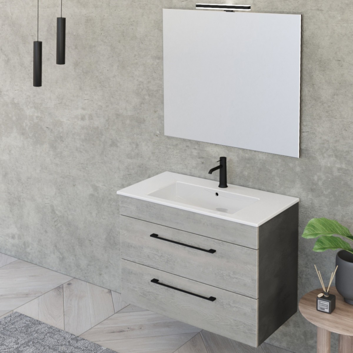 Mobile bagno sospeso 80cm con specchio cemento legno e lava FACILE