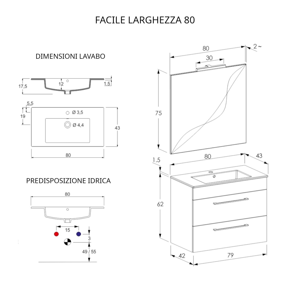 Mobile bagno sospeso 80cm con specchio cemento legno e lava FACILE