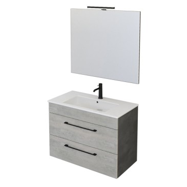 Mobile bagno sospeso 80cm con specchio cemento legno e lava FACILE