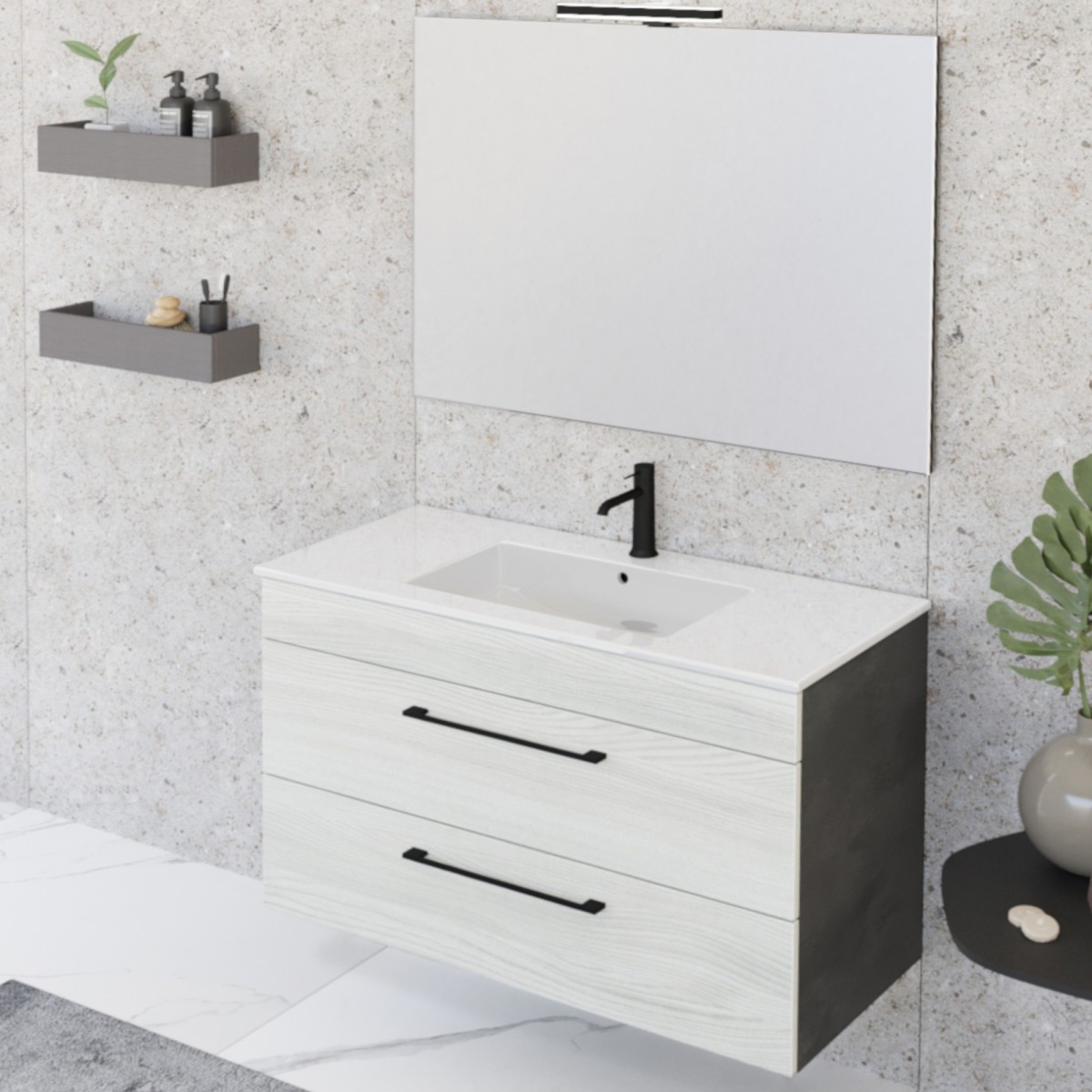Meuble de salle de bain suspendu 100cm avec miroir en orme blanc et lave EASY