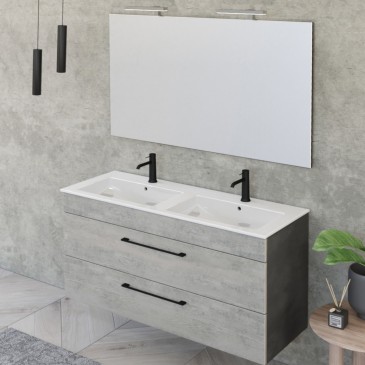 Hängender Badezimmerschrank 118 cm mit Spiegel, Beton, Holz und FACILE Lava