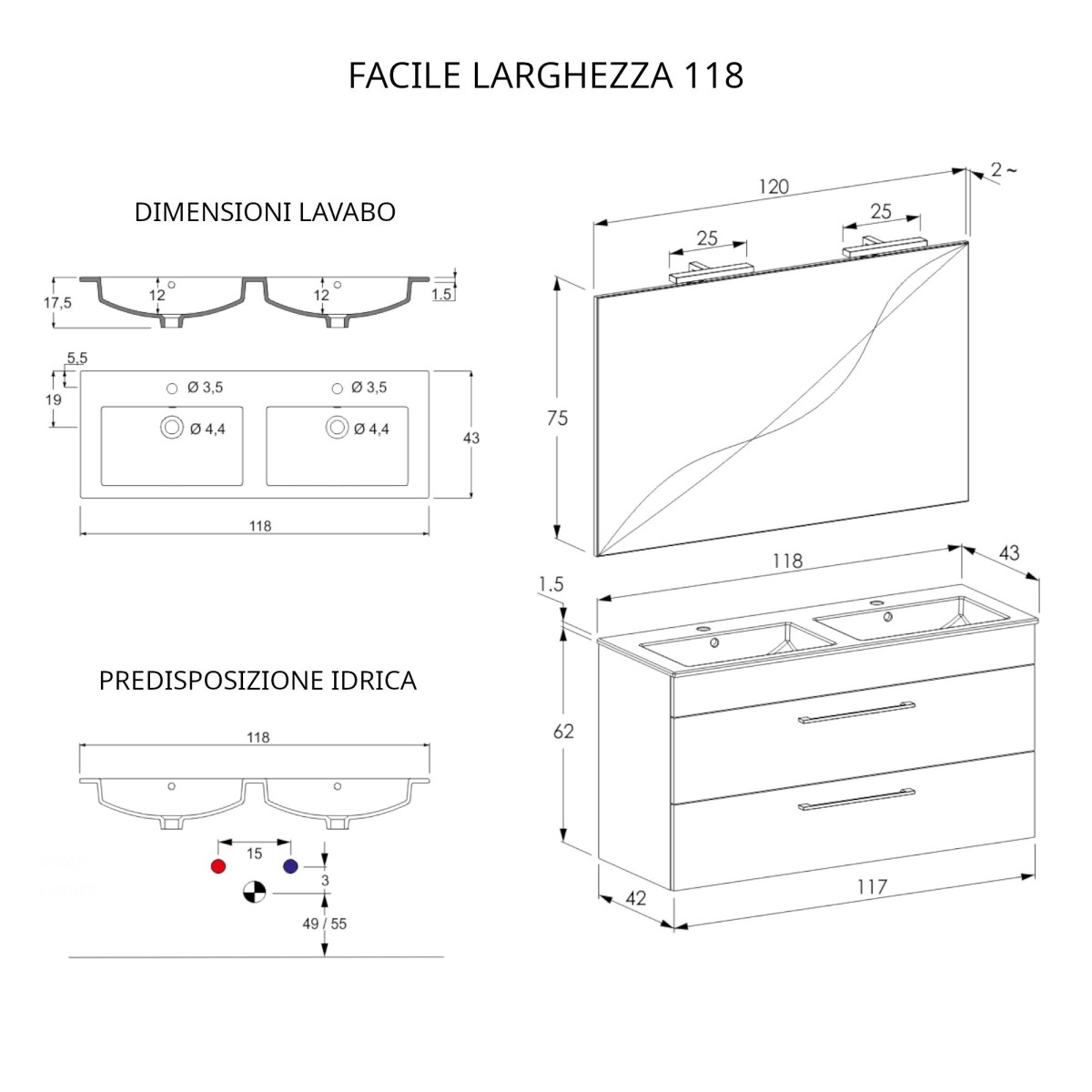 Hängender Badezimmerschrank 118 cm mit Spiegel, Beton, Holz und FACILE Lava