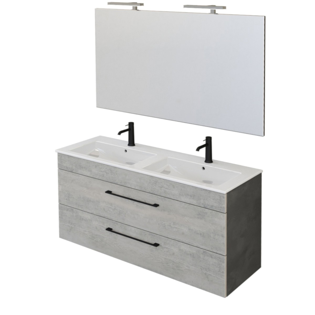 Hängender Badezimmerschrank 118 cm mit Spiegel, Beton, Holz und FACILE Lava