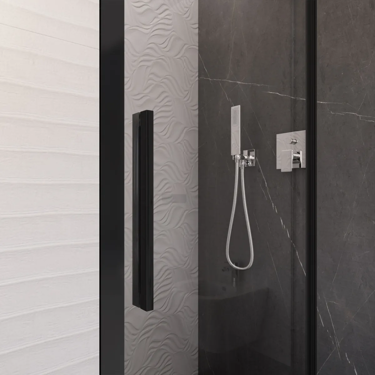 Badezimmer-Nischen-Duschtür mit schwarzen Lagoa-Schiebeprofilen